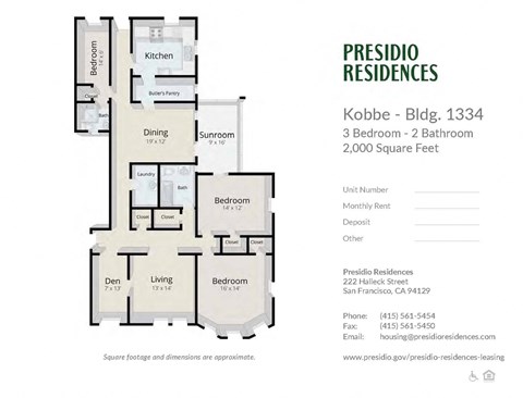 A floor plan for a 2,000 square foot apartment with three bedrooms and two bathrooms at Presidio Residences.